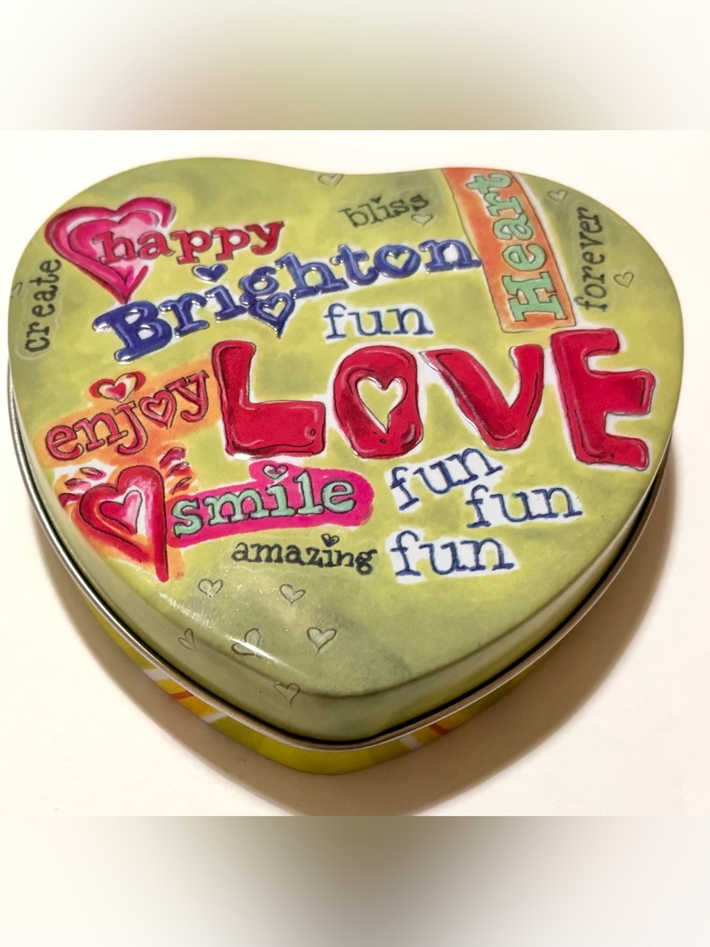 BRIGHTON Heart Shaped Metal Jewelry Tin - Green with Pink LOVE Word Art Design